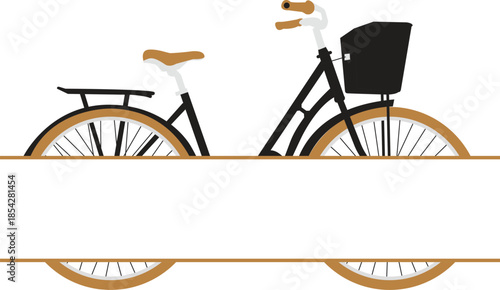 Vintage Bicycle Silhouette with Horizontal Blank Banner Frame for Personalized Text or Logo Design, Retro Black City Bike with Basket and Brown Details Isolated on White Vector Graphic Illustration.