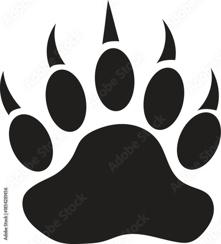 Black Bear Paw Print Silhouette Illustration, Large Animal Footprint Track Design Element for Wildlife, Wilderness and Nature Branding Projects Isolated on White Background Vector Graphic Art.