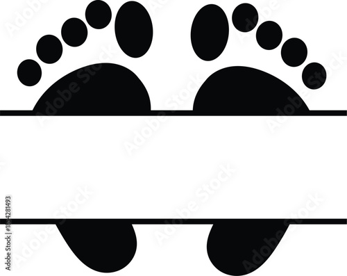 Split Baby Footprints Monogram Frame Vector - Personalized Name Banner Design for Nursery Wall Art, Birth Announcements, and DIY Baby Craft Projects - Black Silhouette Border