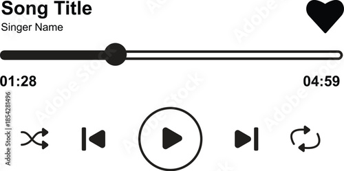 Modern Music Player User Interface Template - Digital Audio App Screen with Play, Pause, Shuffle, Repeat Controls, Progress Bar, and Song Title Placeholder - Minimalist UI/UX Design Vector