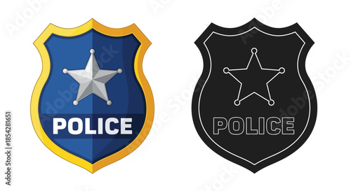 Police badge illustration in color and monochrome featuring a prominent star