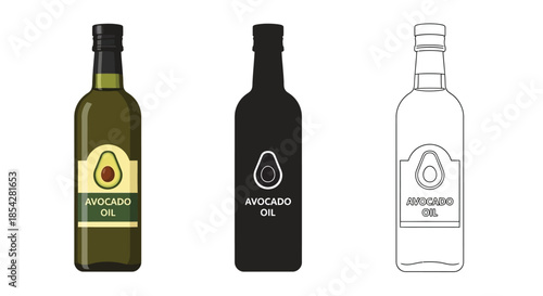 Three avocado oil bottles in varying color schemes color black and outline