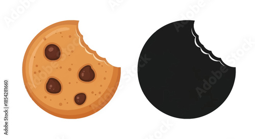 A chocolate chip cookie with a bite taken out and its silhouette