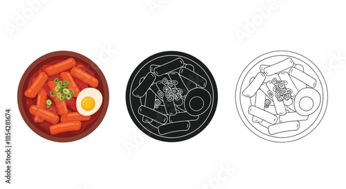 Illustration of korean fish cakes in a bowl shown in color silhouette and outline