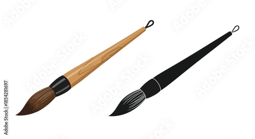 Two calligraphy brushes one light wood and one dark isolated on white