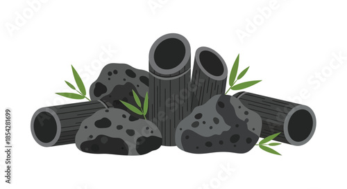Stylized illustration of dark volcanic rocks with bamboo shoots
