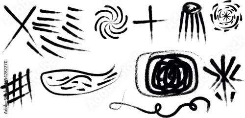 Collection of abstract ancient symbols and markings on a white background
