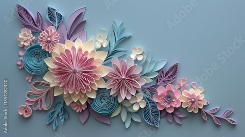 Papercraft floral corner decoration, layered paper, pastel tones