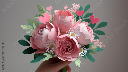 Papercraft peony bouquet with heart accents, 3D layered paper.