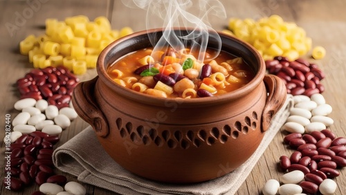 Wallpaper Mural Hearty pasta and bean soup in traditional clay pot with steam rising for Dry Bean Day  National Bean Day Torontodigital.ca