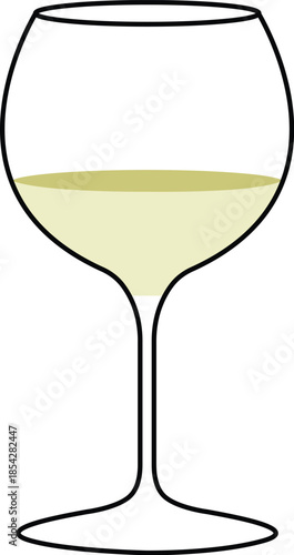 Minimalist White Wine Glass Line Art Icon with Pale Yellow Liquid, Simple Alcohol Beverage Vector for Restaurant Menus, Catering Branding, and Vineyard Tasting Event Invitations.