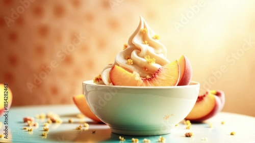Peach soft ice cream dessert in warm golden light
