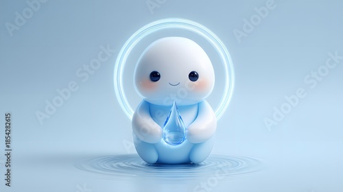 Niedliche blaue Cartoon-Figur mit leuchtendem Herz als Symbol für Freundlichkeit
