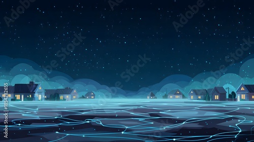 Nächtliche Dorflandschaft mit digitalem Datennetz unter Sternenhimmel
