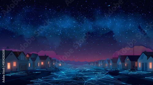 Nächtliche Dorflandschaft mit digitalem Datennetz unter Sternenhimmel
