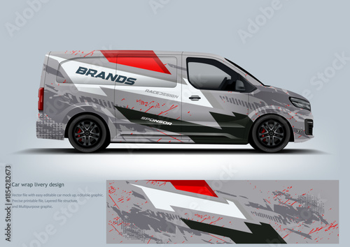A clean red and white racing wrap featuring sharp lines and professional motorsport styling ideal for competitive branding.