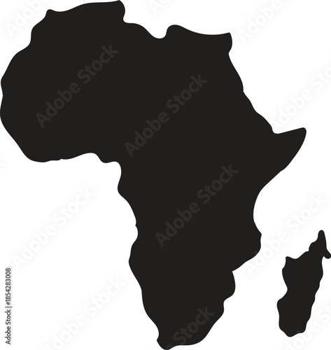 Silhouette Map of Africa Continent with Madagascar Island, Minimalist Black Vector Icon Isolated on White Background for Geography, Travel, and Pan-African Design Projects and Educational Use.