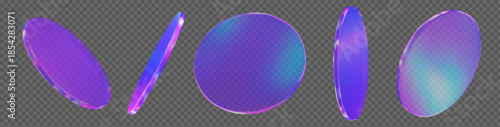 3d glass transparent coin, disk, podium or shape element with different angles. Holographic circle figure. Y2k neon abstract element. Stock vector illustration on isolated background.