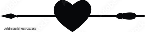 Black Heart Silhouette Pierced by a Single Horizontal Arrow Isolated on White Background, Romantic Cupid Symbol for Valentine’s Day, Love, Wedding, and Passion Decorative Vector Graphic Element.