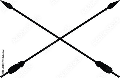 Two Crossed Spears or Javelin Weapons with Feathers and Diamond Points Silhouette Isolated on White Background, Tribal Warrior Symbol and Ancient Combat Vector Illustration for Logo and Emblem.