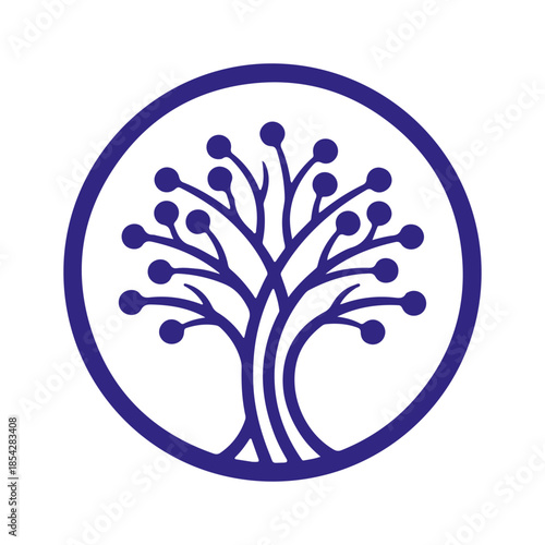 A professional blue vector logo of a stylized tree with circuit-like nodes inside a circle, symbolizing technological growth, digital connectivity, and neural networks. PNG, JPG and EPS formats