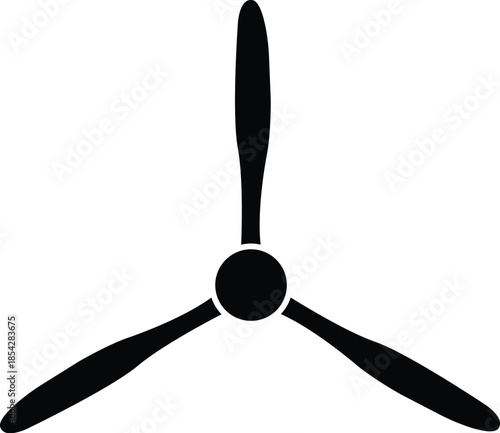 Three-Blade Aircraft Propeller Silhouette, Vintage Airplane Engine Part Vector, Aviation Technology Icon, Minimalist Propeller Blade Graphic for Aerospace Engineering and Flight Design.