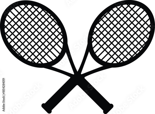 Two Crossed Tennis Rackets Silhouette, Sports Equipment Black Icon, Tennis Club Tournament Logo Element, Professional Athlete Match Graphic for Competition and Fitness Design.