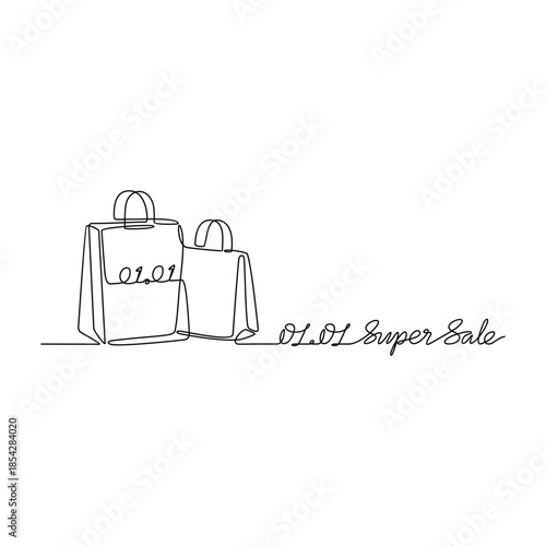 Continuous line drawing vector illustration of a Day Sale 01.01. A super sale design presented in a simple, linear, continuous-line style. An online shopping–themed concept for your design assets.