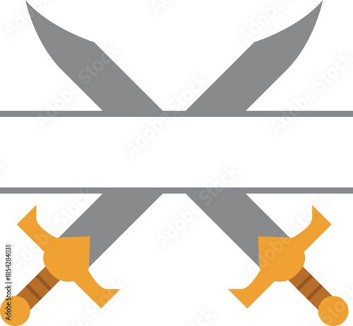 Two Crossed Medieval Swords with Golden Hilts and Blank Name Plate Bar, Knight Weaponry Frame for Custom Text, Combat Banner Template, Ancient Heraldry Graphic for Gaming and Awards.