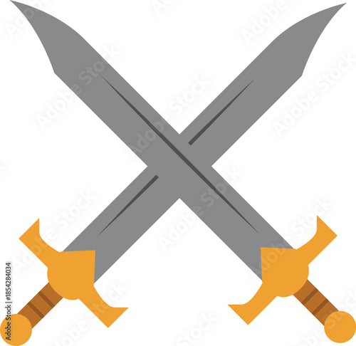 Two Crossed Medieval Broadswords with Golden Hilts and Steel Blades, Ancient Knight Weaponry Illustration, Vector Graphic Element for Heraldry, Combat, Fantasy Games, and Historical Design Projects.