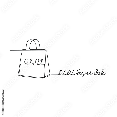 Continuous line drawing vector illustration of a Day Sale 01.01. A super sale design presented in a simple, linear, continuous-line style. An online shopping–themed concept for your design assets.
