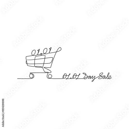 Continuous line drawing vector illustration of a Day Sale 01.01. A super sale design presented in a simple, linear, continuous-line style. An online shopping–themed concept for your design assets.