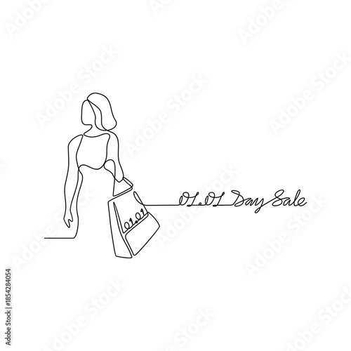 Continuous line drawing vector illustration of a Day Sale 01.01. A super sale design presented in a simple, linear, continuous-line style. An online shopping–themed concept for your design assets.