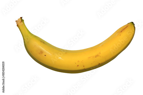A single ripe banana displayed on a clean white surface