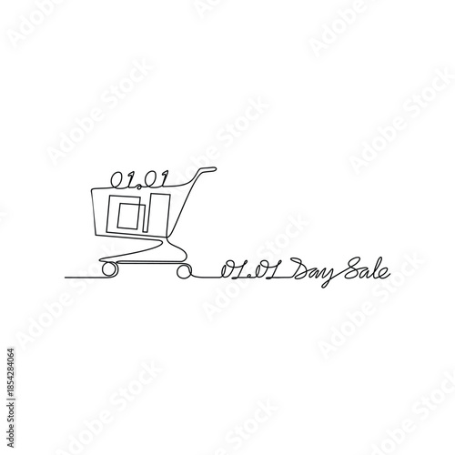 Continuous line drawing vector illustration of a Day Sale 01.01. A super sale design presented in a simple, linear, continuous-line style. An online shopping–themed concept for your design assets.
