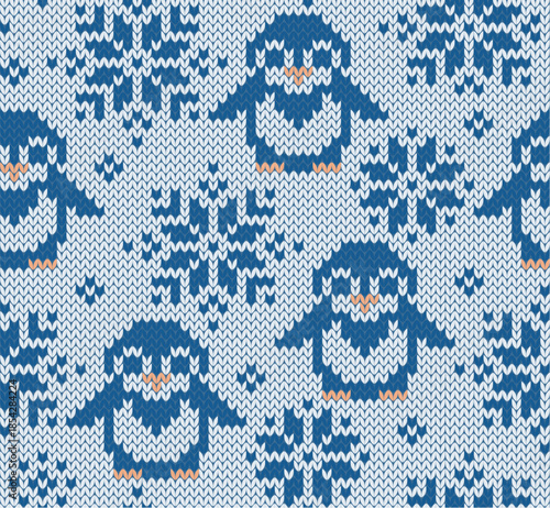 Penguins jacquard knitted seamless pattern. Vector illustration.