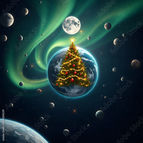 AI Cosmic New Year. Festive Earth in space with glowing city lights, Christmas tree, aurora borealis, planets, full Moon, celebrating winter holidays in a bright, cosmic scene.