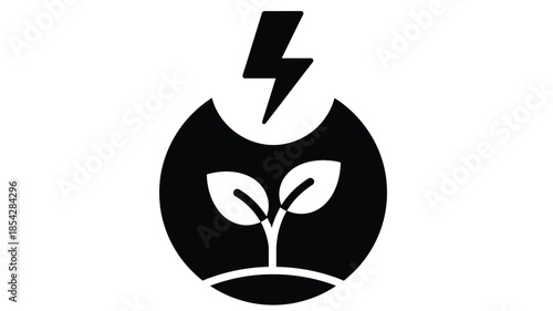 A black and white icon depicting a sprouting plant with a lightning bolt above it