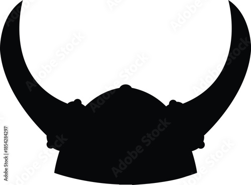 Viking Helmet Silhouette with Long Braids, Female Norse Warrior Headgear Graphic, Medieval Barbarian Valkyrie Armor Icon, Black Scandinavian Mythology Design Element for Logo or T-Shirt Print.