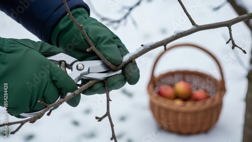 Wallpaper Mural Gardener pruning tree branch in snowy garden with basket of apples for Apple Tree Day Torontodigital.ca