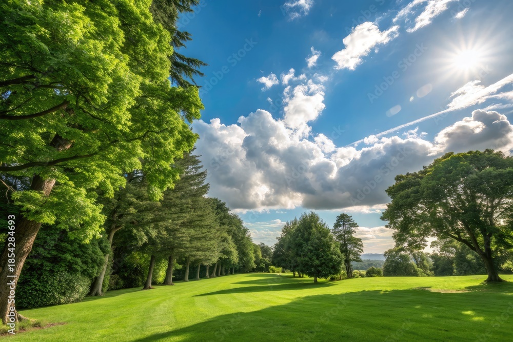 Fototapeta premium Bright Sun Shines Over Green Landscape With Trees and Clouds in the Sky