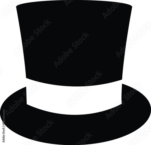 Black top hat with white ribbon band vector illustration isolated on white background. Classic gentleman headwear silhouette for formal events, magician shows, and vintage fashion graphic design.