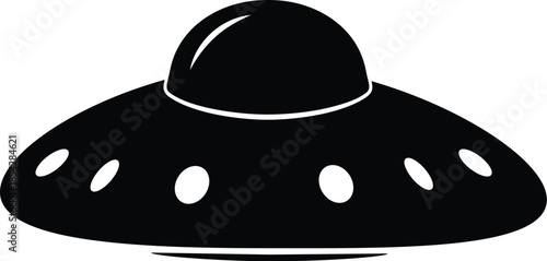 Black UFO flying saucer silhouette vector illustration isolated on white background. Solid alien spacecraft icon for sci-fi, paranormal mystery, space exploration, and outer space design themes.