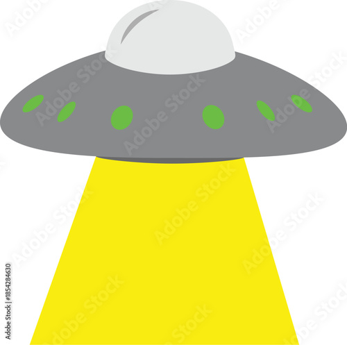 UFO flying saucer spaceship with yellow tractor beam vector illustration. Alien spacecraft with green portholes isolated on white background for sci-fi, extraterrestrial, and space design themes.