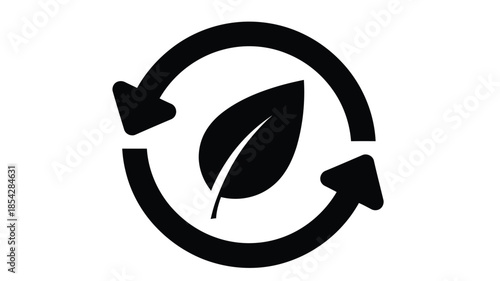 A black recycling symbol featuring a leaf within a circular arrow design