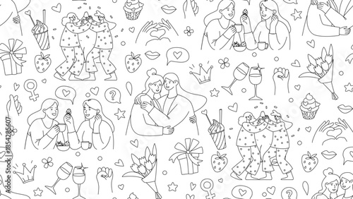 Galentines Day Seamless Border Frame Pattern, Women Friendship Line Art Vector Illustration