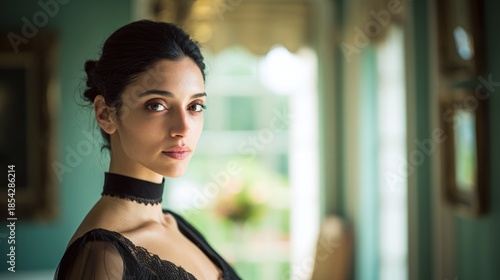 Elegant woman with a black lace choker and dress, standing near a window. Her hair is pulled back in a bun, and she is looking at the camera with a serious expression.