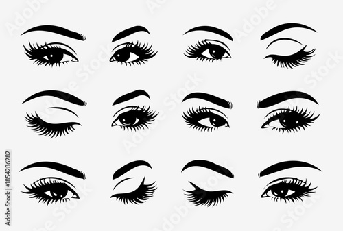 Beautiful feminine eyes with long eyelashes and eyebrows - a set of black and white vector silhouettes