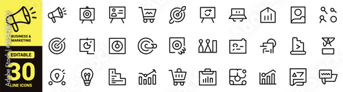 Business Management and Marketing Line Icon Set with Human Resources, Leadership, Strategy, Analytics, and Corporate Core Values Vector Symbols