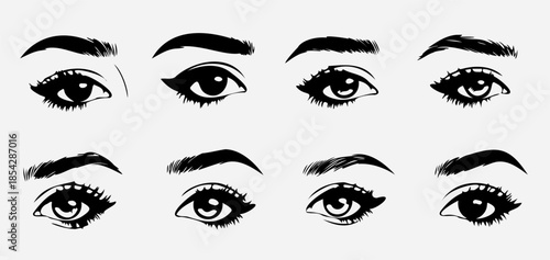 Minimalistic delicate girl's eyes with eyelashes - a set of black and white vector silhouettes